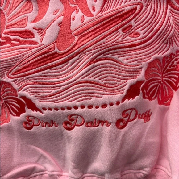 Pink Palm Puff Hoodie Everything Comes In Waves Women Pink Pull Over Hoodie - Picture 3 of 8